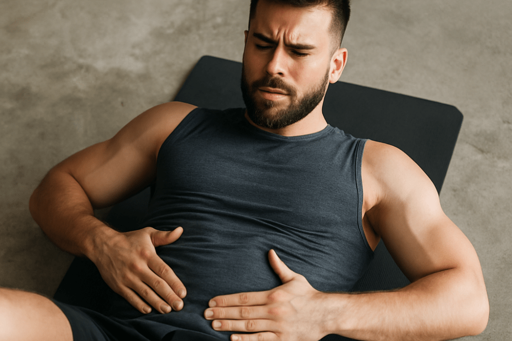 Uomo in posizione di allenamento ispirato all'attività ipopressiva al maschile