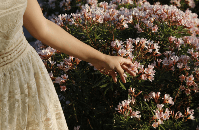 Ragazza spensierata che tocca dei fiori durante una passeggiata all’aperto, immagine che rappresenta il movimento primaverile e la leggerezza della nuova stagione.