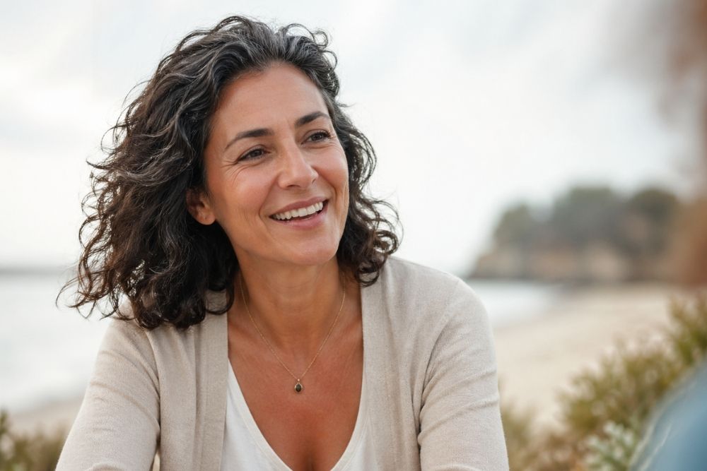 persona che sorride all'aria aperta, menopausa e respiro profondo, accompagnano il corpo che cambia