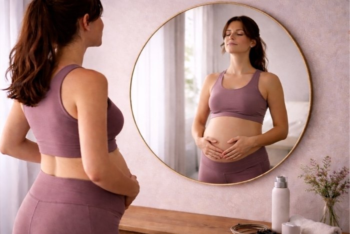 Una futura mamma che si osserva allo specchio per capire come il proprio corpo in gravidanza si modifica