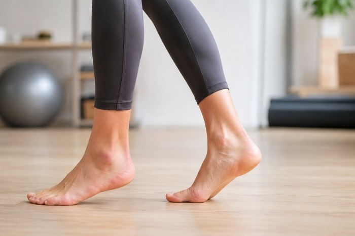 inquadratura in primo piano su piedi impegnati in esercizi liberi in palestra