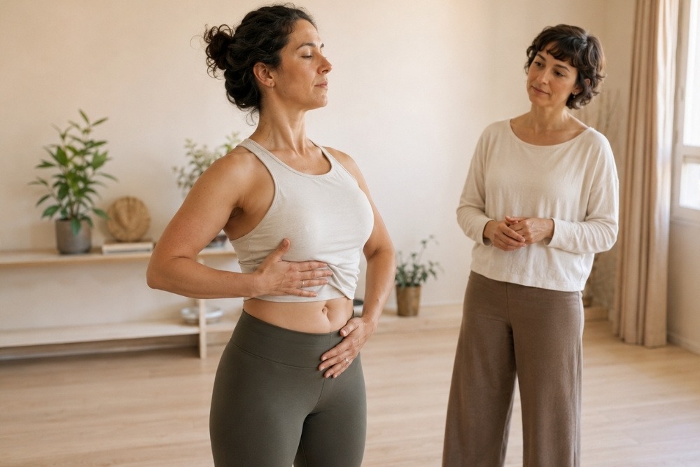 scena di maestra e allieva in palestra durante esercizi addominali
