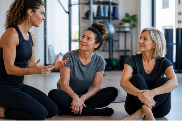 istruttrice si confronta con due allieve in palestra