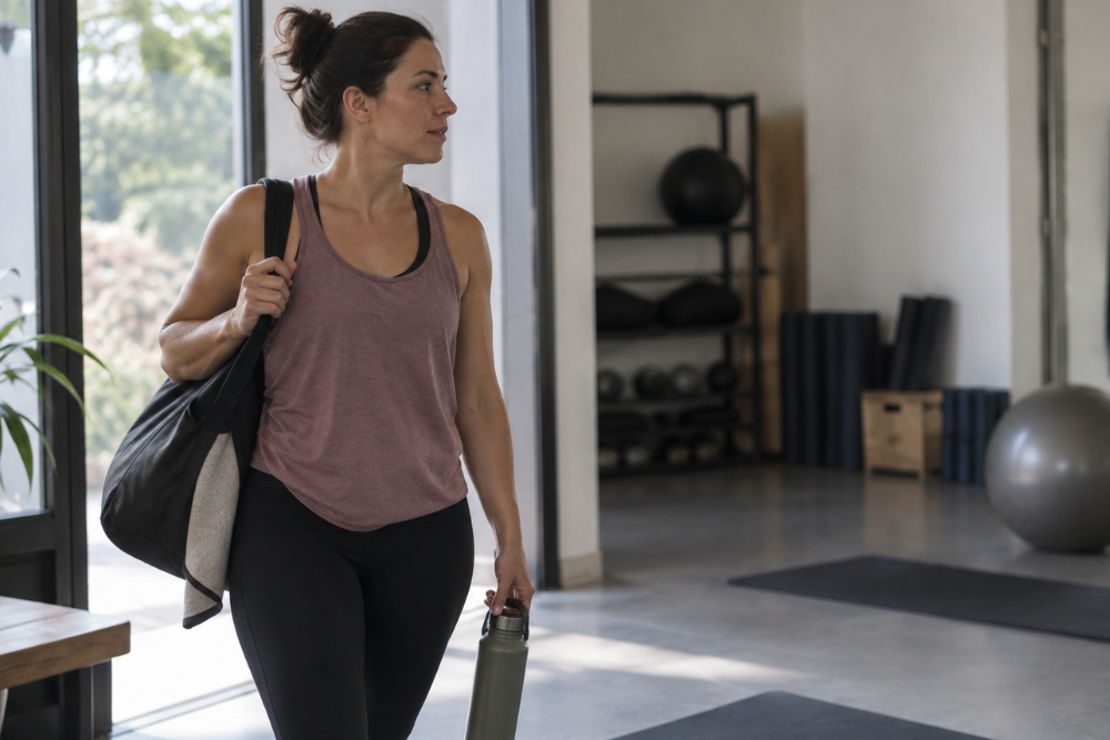 donna che entra nella sua palestra a settembre per ricominciare